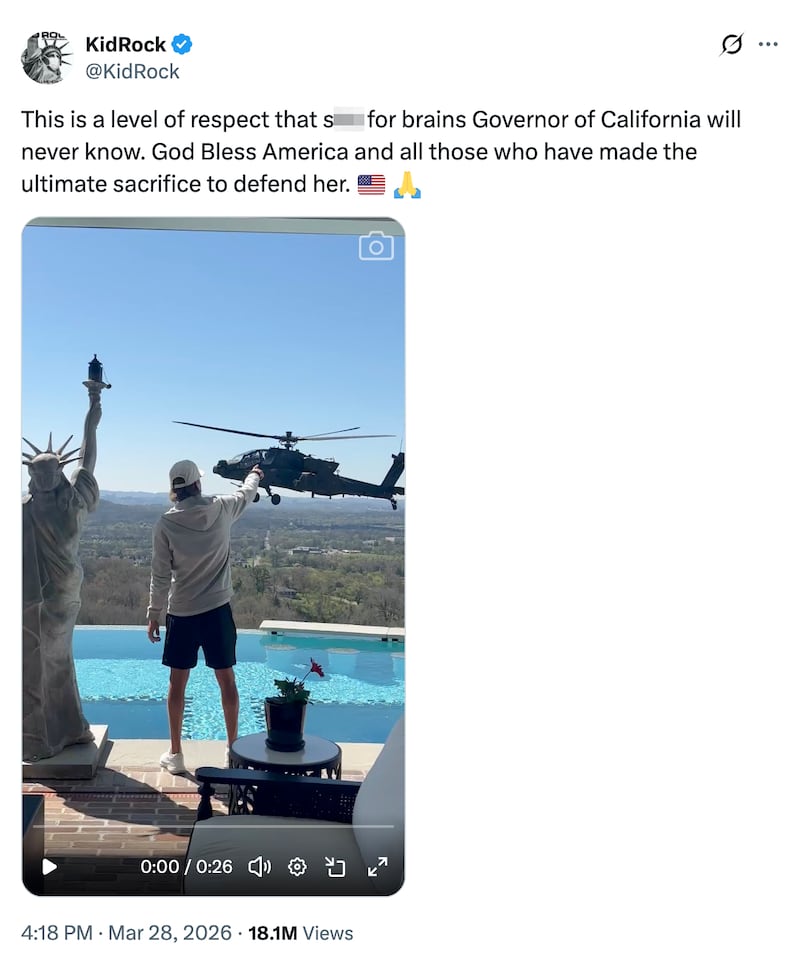 Kid Rock X post insulting Gavin Newsom.