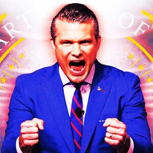 A photo illustration of SecDef Pete Hegseth yelling in front of a boxing ring and Department of War logo.