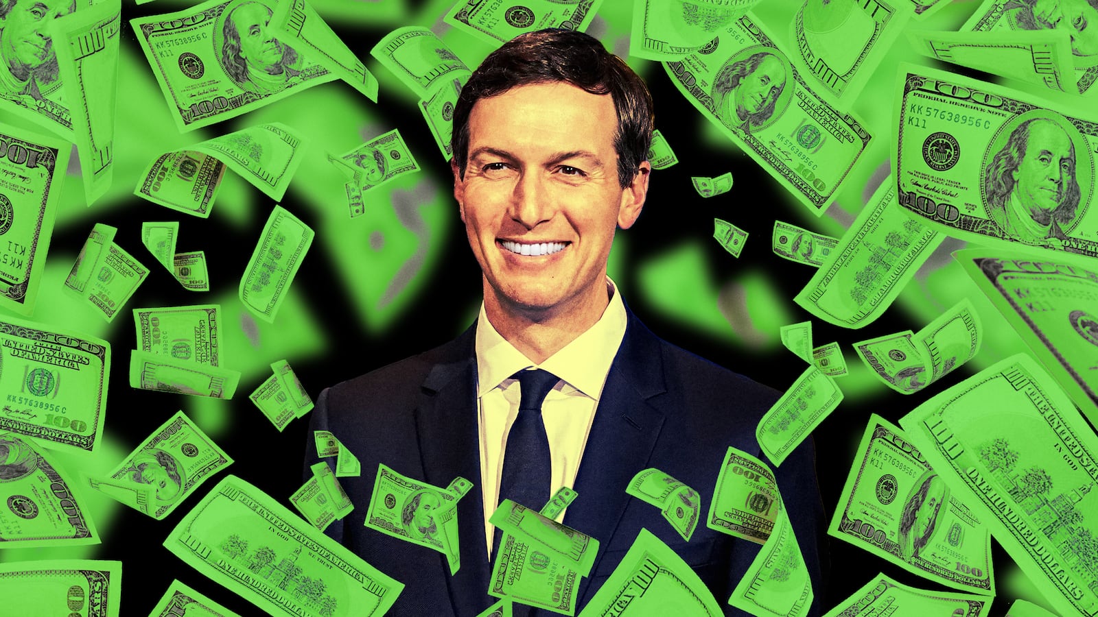 A photo illustration of Jared Kushner surrounded by money.