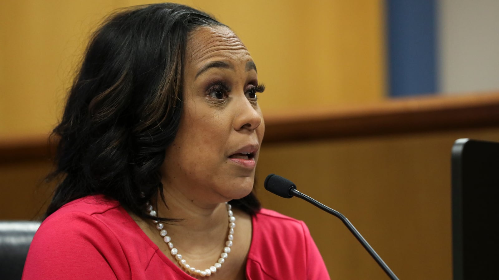 A photo of Fulton County DA Fani Willis, as she testifies in court.