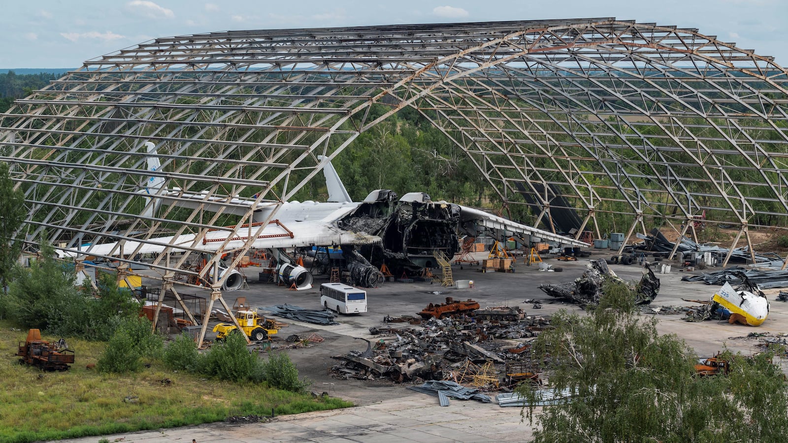 The destroyed Antonov An-225 Mriya cargo plane in Hostomel, Ukraine, Aug. 10, 2022.