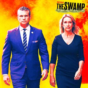 A photo illustration of Pete Hegseth and Jennifer Rauchet in front of orange yellow flames for The Swamp.