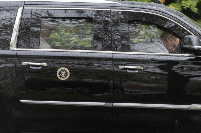 STERLING, VIRGINIA - APRIL 05: US President Donald Trump leaves Trump National Golf Club on April 05, 2026 in Sterling, Virginia. The President made a quick stop there Easter Sunday. (Photo by Tasos Katopodis/Getty Images)