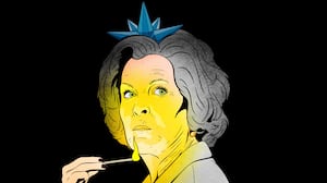 Susie Wiles as an Ice Queen holding a match illuminating her face