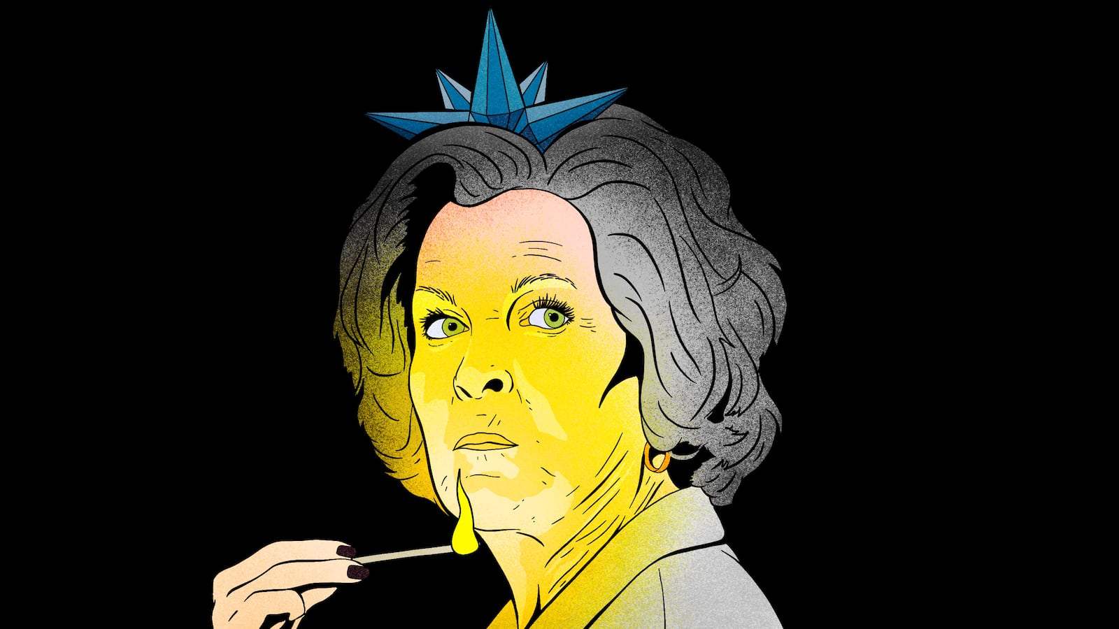 Susie Wiles as an Ice Queen holding a match illuminating her face