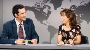 Norm MacDonald and Cheri Oteri during a "Weekend Update" skit on the October 21, 1995, episode of "Saturday Night Live."