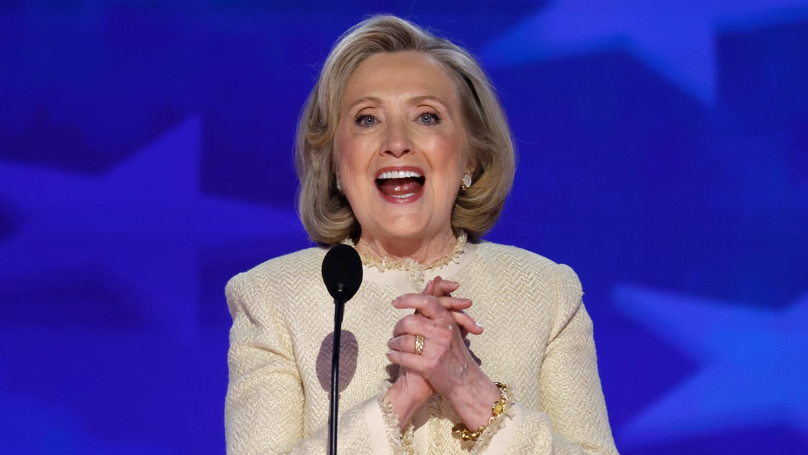Former U.S. Secretary of State Hillary Clinton speaks onstage during the first day of the Democratic National Convention at the United Center on August 19, 2024 in Chicago, Illinois.