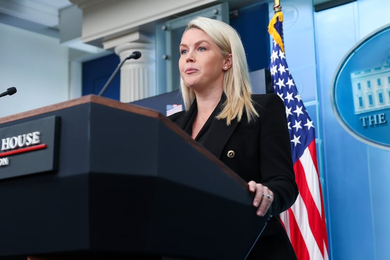 White House Press Secretary Karoline Leavitt speaks during the daily press briefing at the White House on April 27, 2026 in Washington, DC.