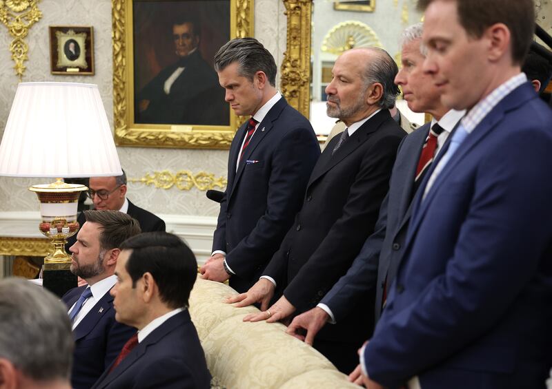Defense Secretary Pete Hegseth looks on during a bilateral meeting between President Donald Trump and Crown Prince and Prime Minister Mohammed bin Salman of Saudi Arabia in the Oval Office of the White House on November 18, 2025.