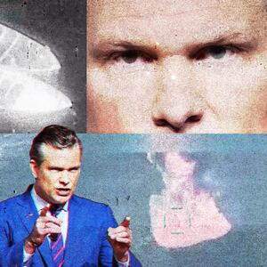 A photo illustration of SecDef Pete Hegseth in front of video clips from boats struck by the US military in the Eastern Pacific.
