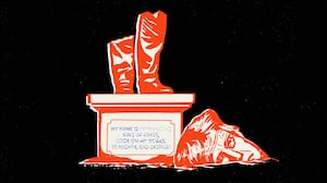 Illustration of a ruined statue of Donald Trump with the text from Ozymandias on its base