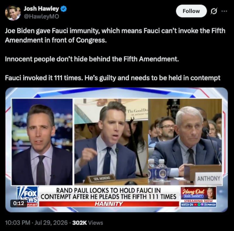 Sen. Josh Hawley said innocent people don't invoke the 5th Amendment, forgetting that the president had done precisely that in a civil case deposition in 2022.