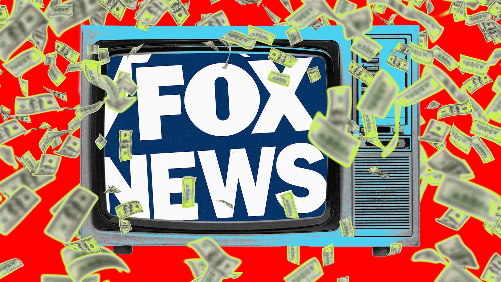 A photo illustration of Fox news and money flying.