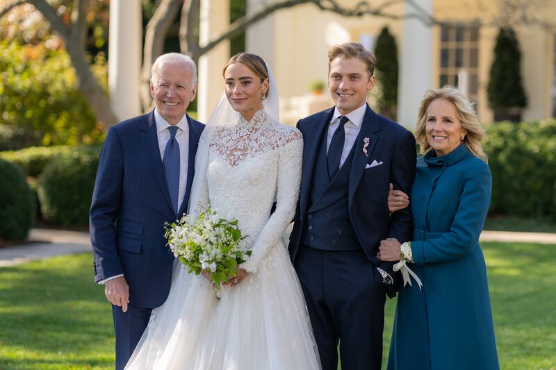 Joe Biden and Jill Biden attend the wedding of Peter Neal and Naomi Biden Neal on the South Lawn of the White House on November 19, 2022  in Washington DC.