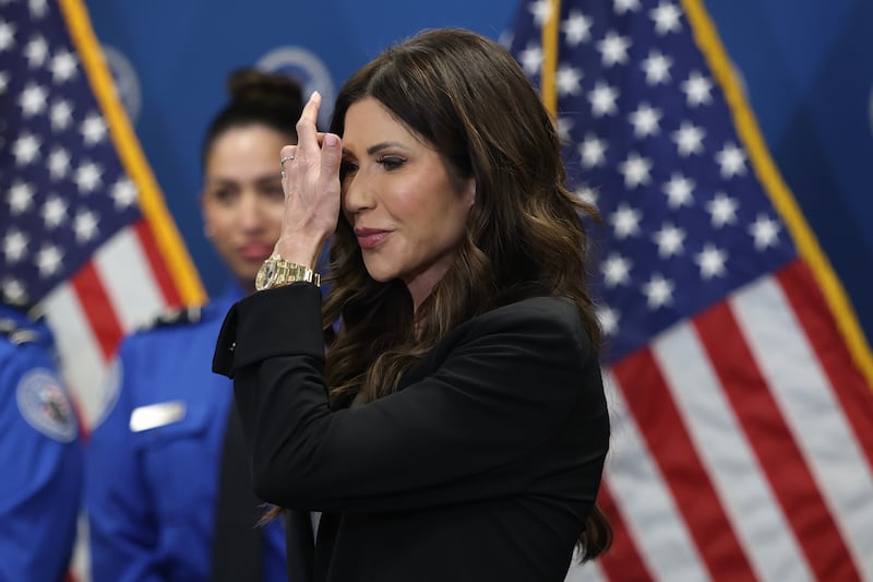 U.S. Secretary of Homeland Security Kristi Noem holds a news conference at Miami International Airport on January 31, 2026 in Miami, Florida.