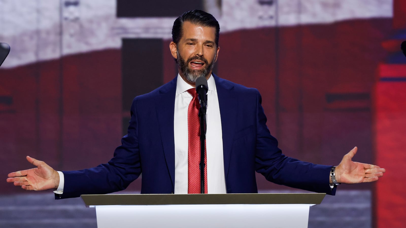 Donald Trump Jr., son of former U.S. President Donald Trump speaks on stage on the third day of the Republican National Convention at the Fiserv Forum on July 17, 2024 in Milwaukee, Wisconsin.