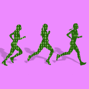 Woman running with computer code on top