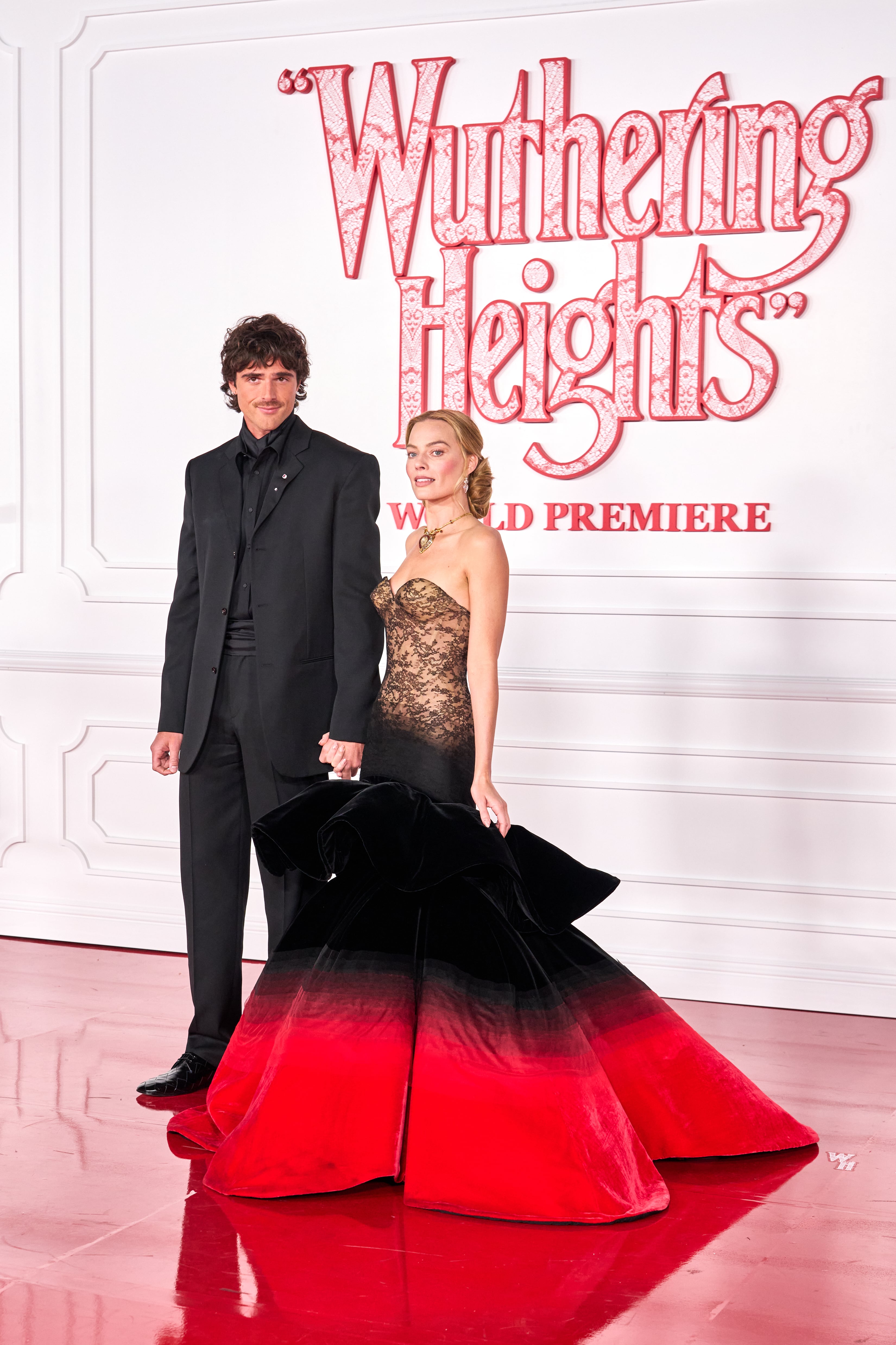 Jacob Elordi and Margot Robbie at the "Wuthering Heights" premiere on January 28, 2026.