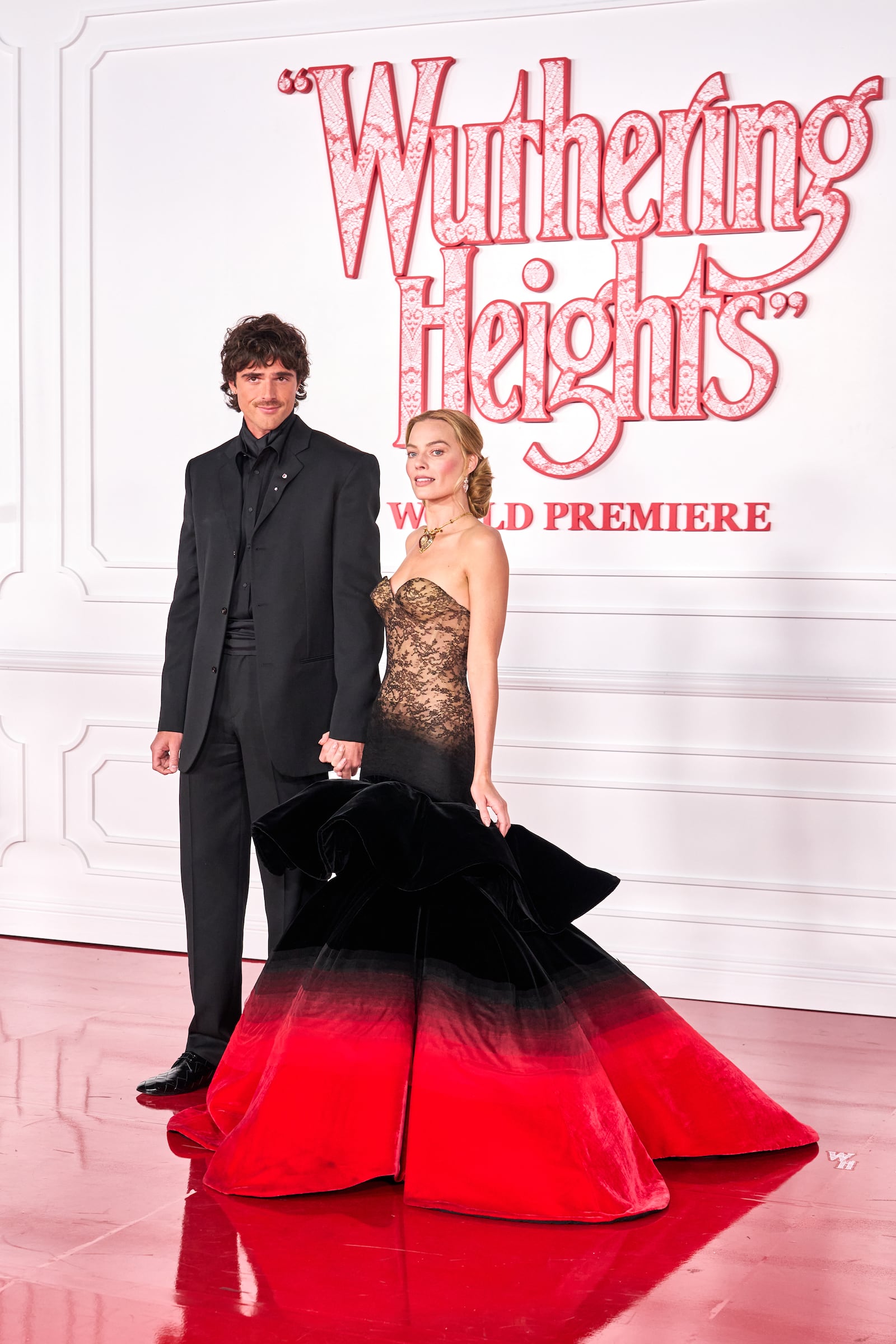 Jacob Elordi and Margot Robbie at the "Wuthering Heights" premiere on January 28, 2026.