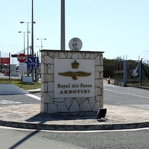 AKROTIRI, CYPRUS - MARCH 2: The entrance of RAF Akrotiri pictured on March 2, 2026 in Akrotiri, Cyprus. An Iranian-made drone crashed into the RAF Akrotiri base in Cyprus early Monday morning causing minimal damage and no injuries. This strike followed Prime Minister Sir Keir Starmer's decision to let the US use British bases for defensive operations against Iran. Cypriot President Nikos Christodoulides clarified that Cyprus itself is not involved in the military conflict. (Photo by Alexis Mitas/Getty Images)
