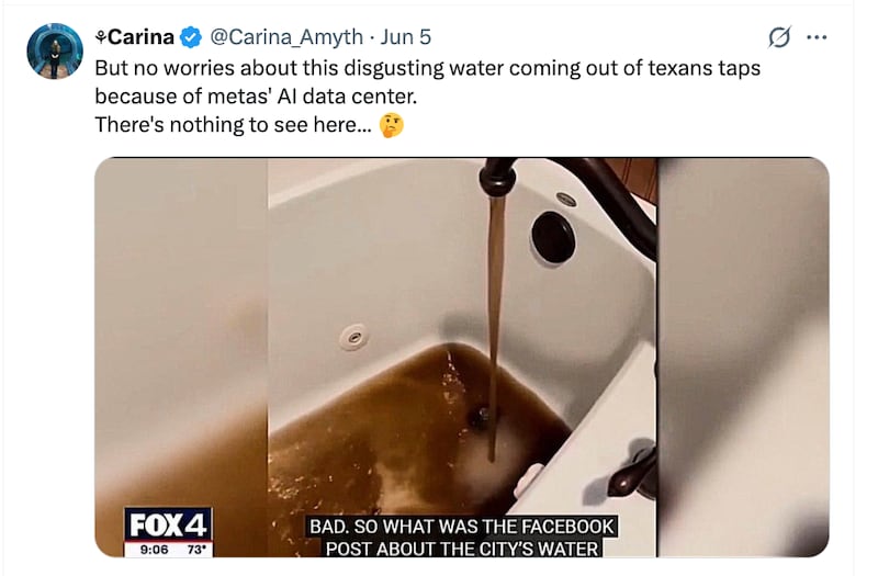 Photo of brown water from a Texas tap poster says is linked to a Texas data center.