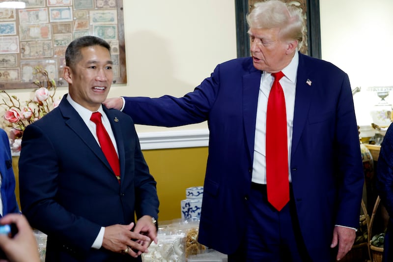 FALLS CHURCH, VIRGINIA - AUGUST 26: Republican presidential nominee, former U.S. President Donald Trump speaks alongside Republican candidate for U.S. Senate in Virginia Hung Cao at the Truong Tien Restaurant in the Eden Center on August 26, 2024 in Falls Church, Virginia. Trump visited the Vietnamese restaurant to greet supporters and spoke to journalists about the upcoming ABC presidential debate. (Photo by Anna Moneymaker/Getty Images)