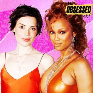 A photo illustration of Yoanna House and Tyra Banks for the Obsessed podcast.