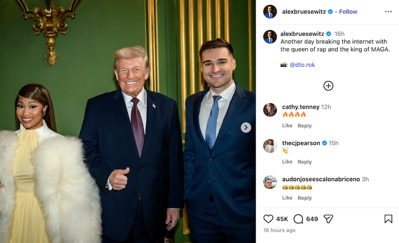 A screenshot from Alex Bruesewitz's Instagram account, which shows a post featuring Bruesewitz, Trump, and Nicki Minaj.