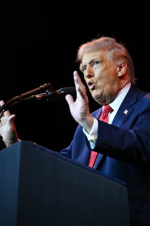 US President Donald Trump speaks during the House Republican Party (GOP) member retreat at the Kennedy Center.