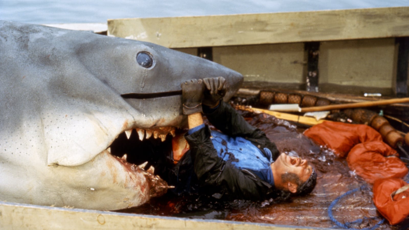 British actor Robert Shaw on the set of Jaws, directed by Steven Spielberg