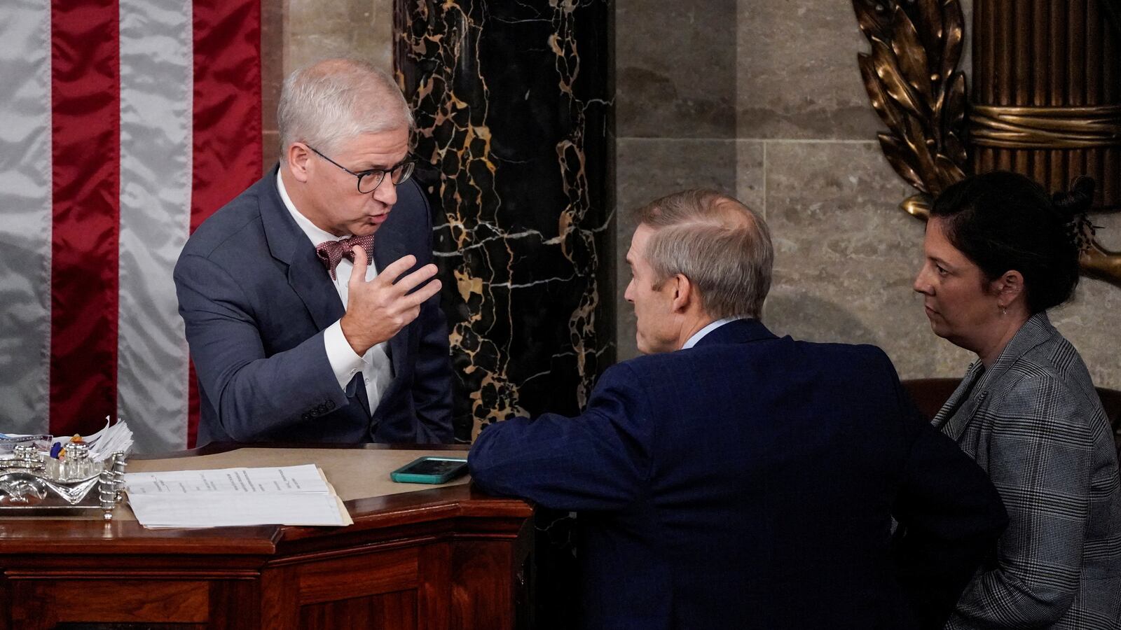 Speaker of the House Pro Tempore Patrick McHenry (R-NC) talks with U.S. Rep. Jim Jordan (R-OH).