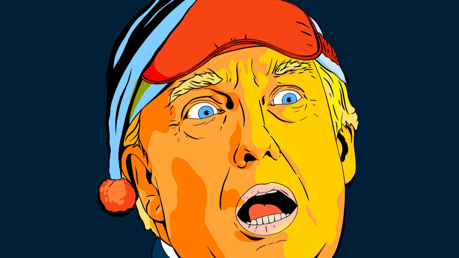 Illustrated Donald Trump wearing a sleep eyemask and a sleep cap