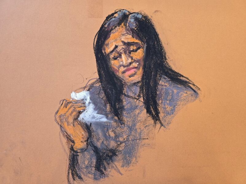 Casandra "Cassie" Ventura reacts at the end of direct testimony during Sean "Diddy" Combs' sex trafficking trial in New York City, New York, U.S., May 14, 2025 in this courtroom sketch. REUTERS/Jane Rosenberg     TPX IMAGES OF THE DAY