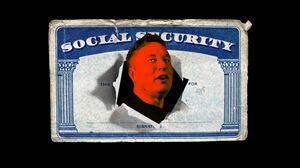 A photo illustration of Elon Musk bursting through a Social Security card.