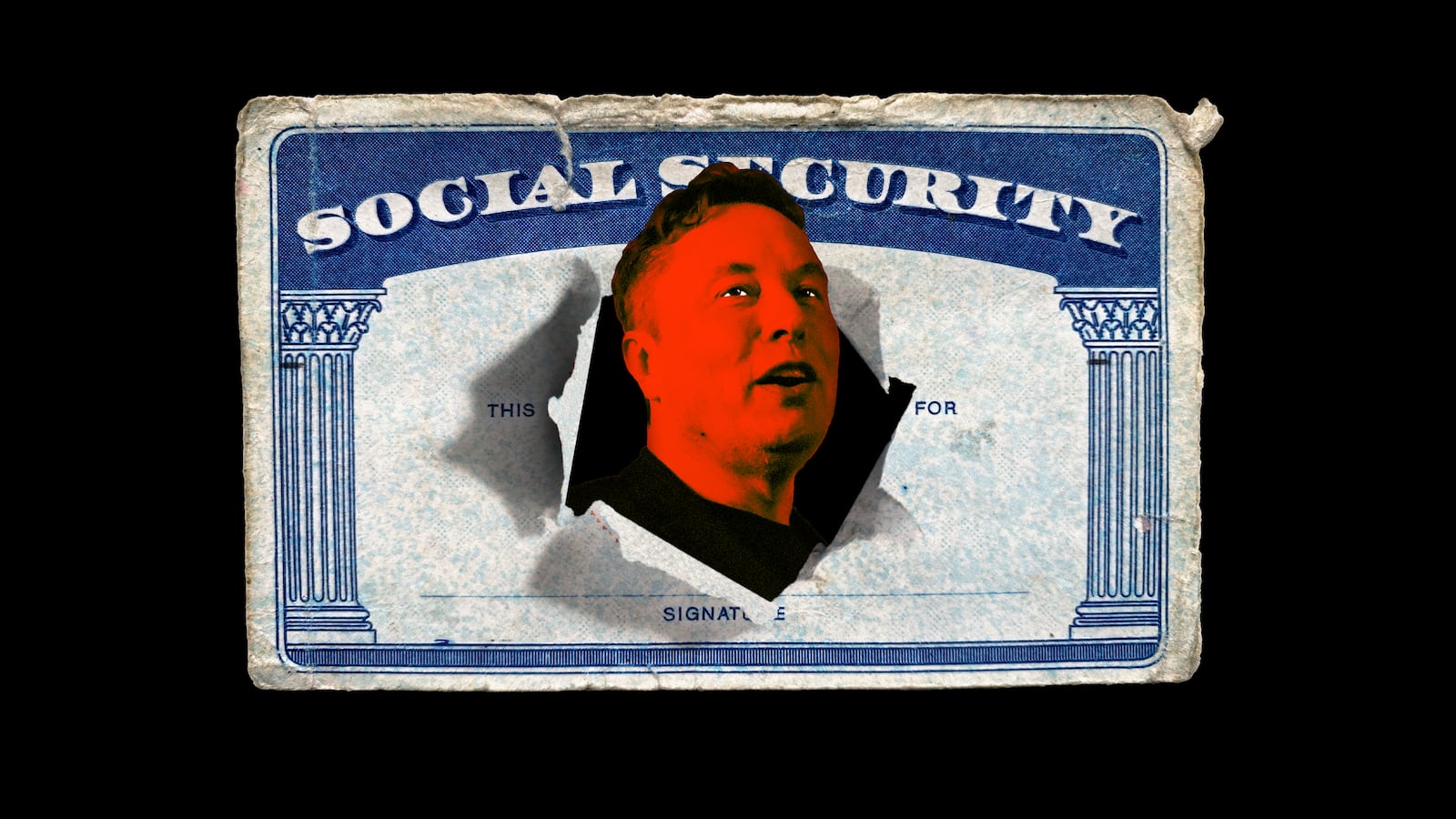 A photo illustration of Elon Musk bursting through a Social Security card.