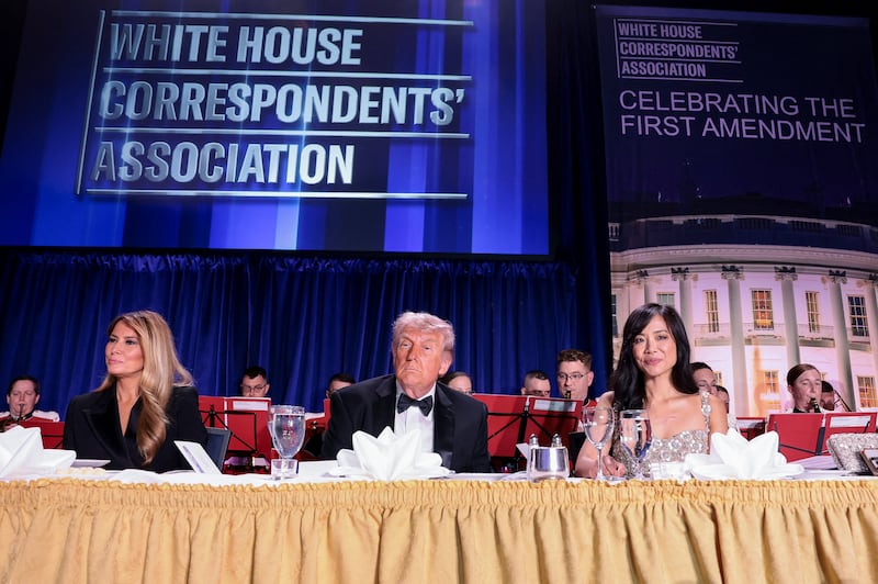 Donald Trump, Melania Trump and CBS News senior White House correspondent Weijia Jiang at White House Correspondents' Association dinner in April.
