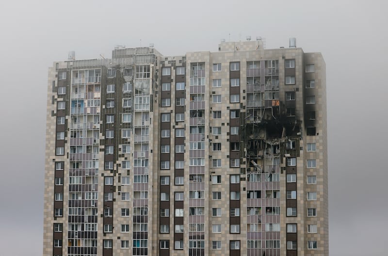 A damaged multi-storey residential building hit by what authorities described as a Ukrainian drone strike, amid the Russia-Ukraine conflict in Kotelniki in the Moscow region, Russia, September, 20, 2026. REUTERS/Stringer