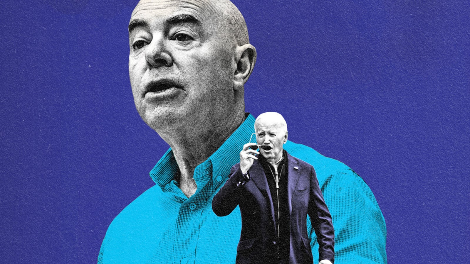 A photo illustration of Alejandro Mayorkas and Joe Biden.