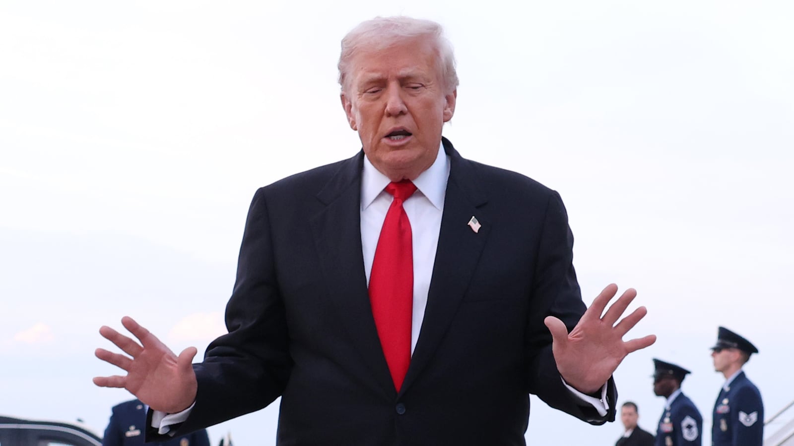 U.S. President Donald Trump prepares to give a brief remark to members of the press after exiting Air Force One on November 9, 2025 at Joint Base Andrews, Maryland. Trump spent the weekend at his Mar-A-Lago estate in Palm Beach, Florida.