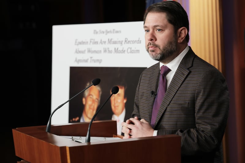 U.S. Sen. Ruben Gallego speaks during a news conference on the Epstein Files.