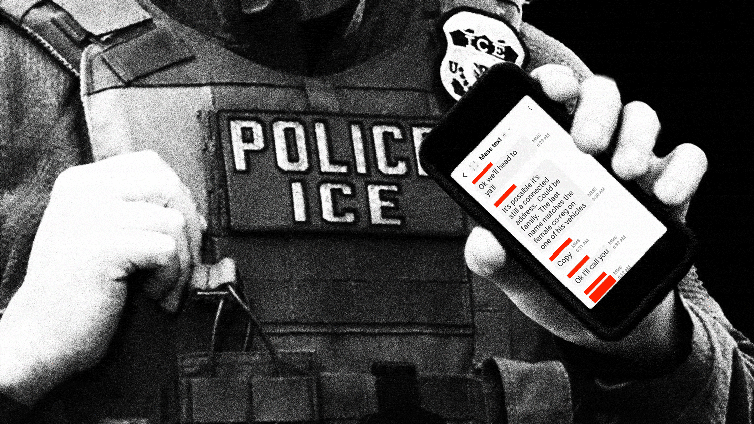 Photo composite gif of an ICE agent holding a phone with texts cycling through