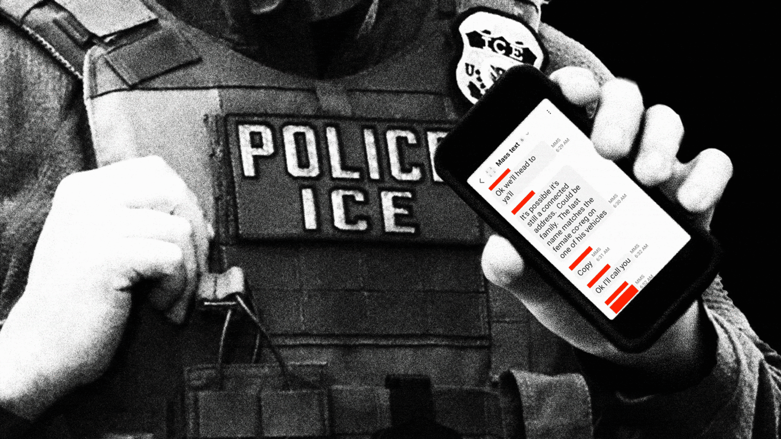 Photo composite gif of an ICE agent holding a phone with texts cycling through