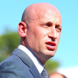 Deputy White House Chief of Staff Stephen Miller speaks to reporters outside of the White House on October 06, 2025 in Washington, DC.