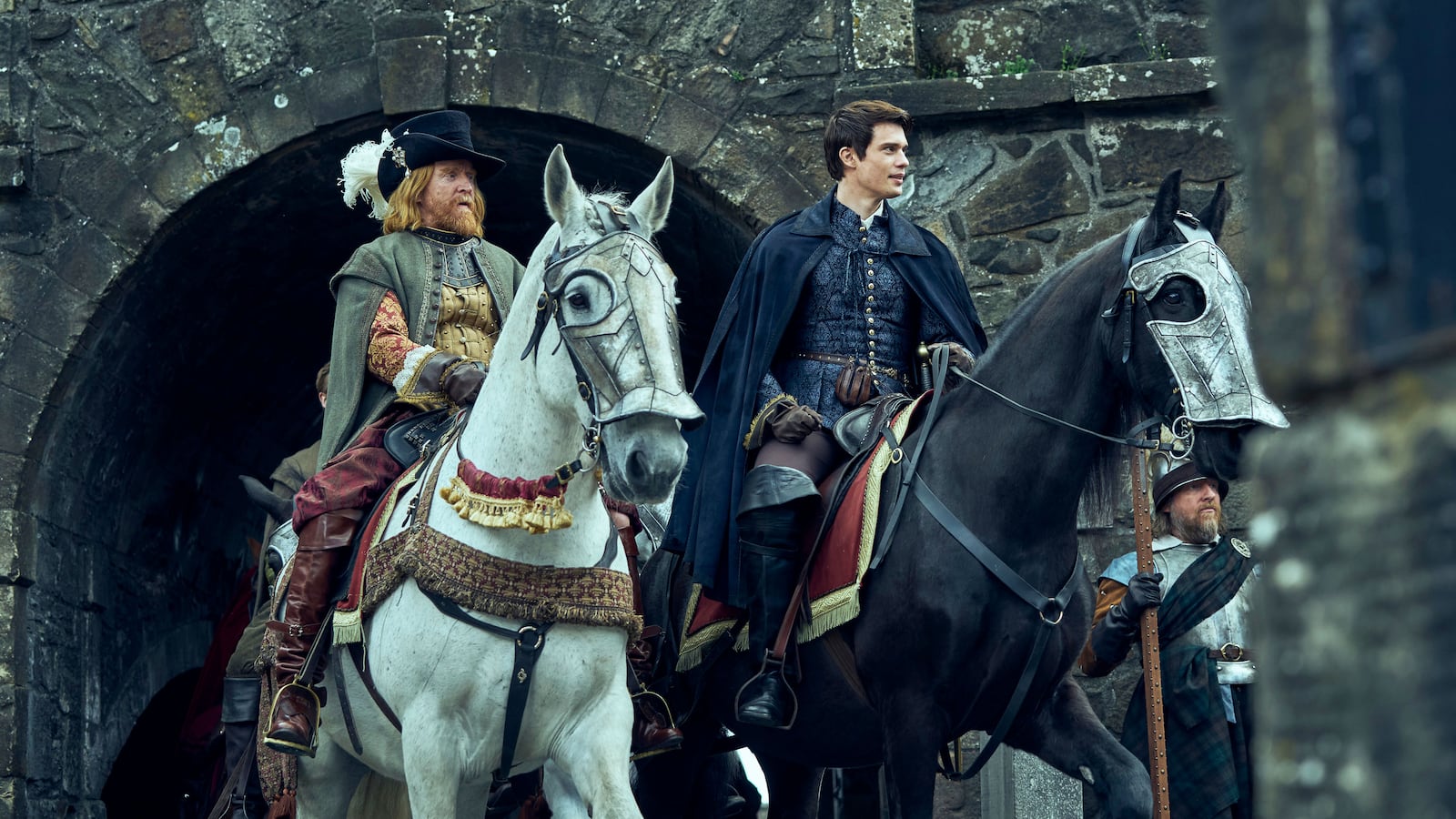 King James played by Tony Curran and George Villiers played by Nicholas Galitzine in Episode 4 of Mary & George.