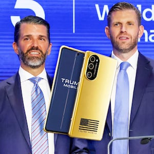 A photo composite of Donald Trump Jr., Eric Trump, and the Trump Mobile phone.