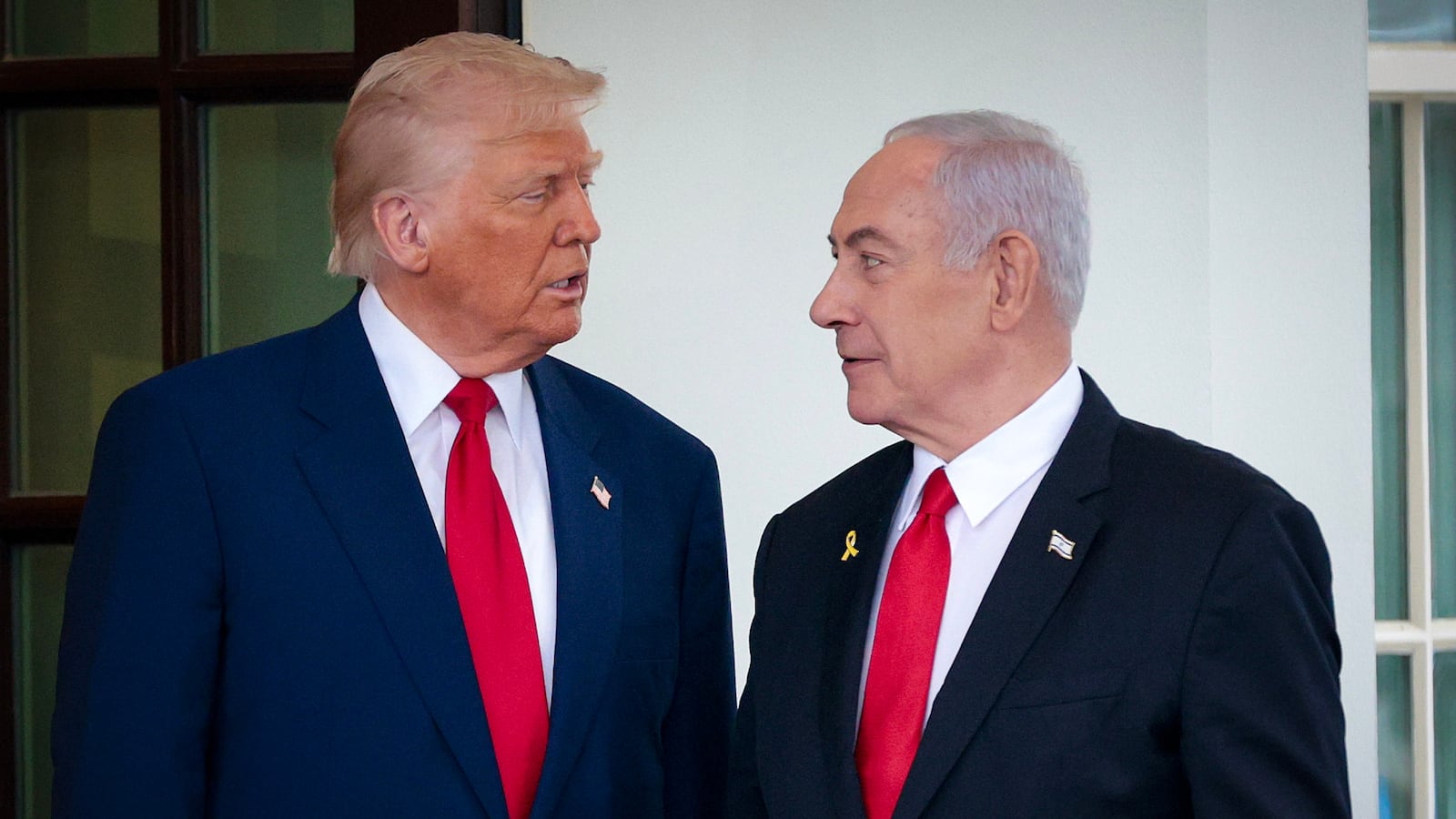 President Donald Trump greets Israeli Prime Minister Benjamin Netanyahu as he arrives at the White House on April 07, 2025 in Washington, DC.