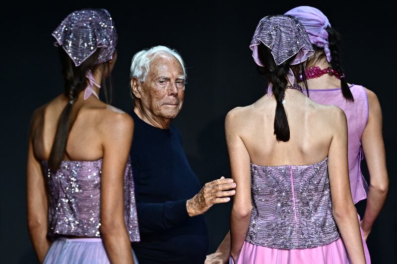 Italian designer Giorgio Armani walks the runway of the Emporio Armani fashion show during the Milan Fashion Week Womenswear Spring/Summer 2024 on September 21, 2023 in Milan. (Photo by GABRIEL BOUYS / AFP) (Photo by GABRIEL BOUYS/AFP via Getty Images)