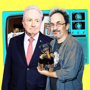 A photo illo illustration of Lorne Michaels and Robert Smigel and Triumph the Insult Comic Dog.