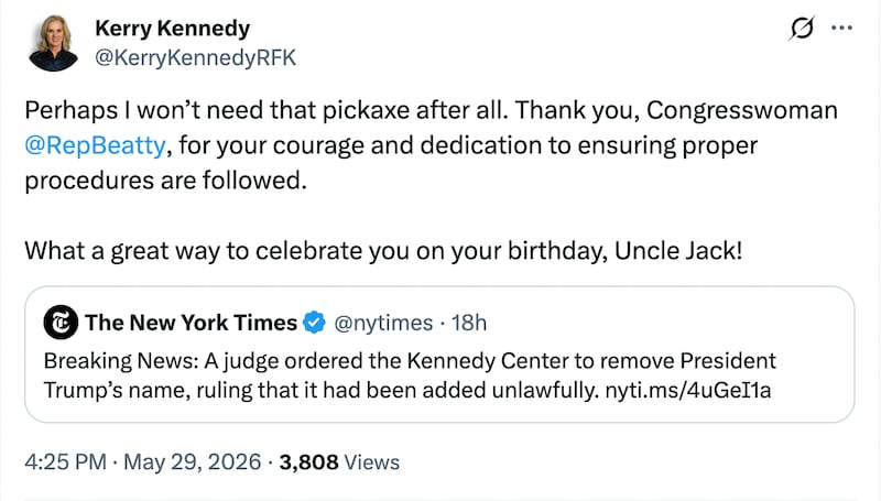 Kerry Kennedy celebrates court ruling that forces the removal of the Trump name from the Kennedy Center.