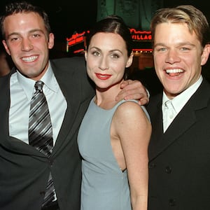 The stars of the new film "Good Will Hunting" pose together as they arrive for the film's premiere December 2 in Los Angeles. Shown (L-R) are Ben Affleck ,Minnie Driver and Matt Damon. [The film tells the story of a misunderstood young genius growing up in a working class Boston neighborhood. The story was originally conceived by Damon to fulfill a writing assignment while he was a student at Harvard University.  The film opens in limited release in the United States December 5.]